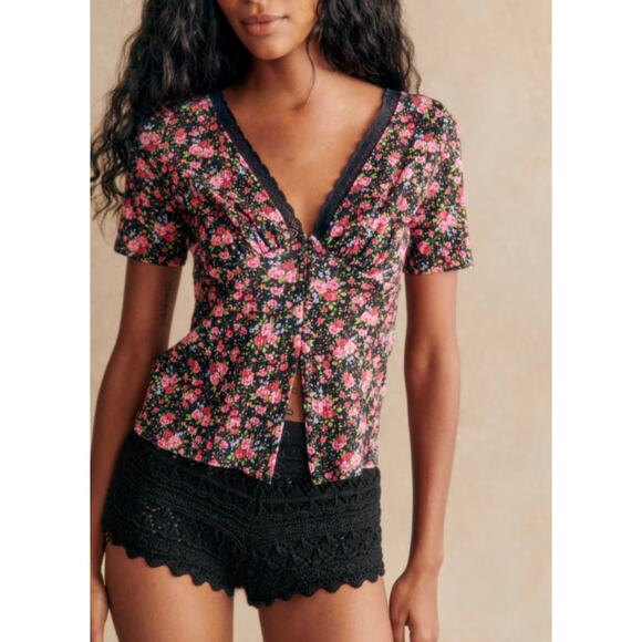 Sezane Jamie Floral Pink Black T-Shirt Blouse Feminine Romantic Dainty Medium - Picture 1 of 9